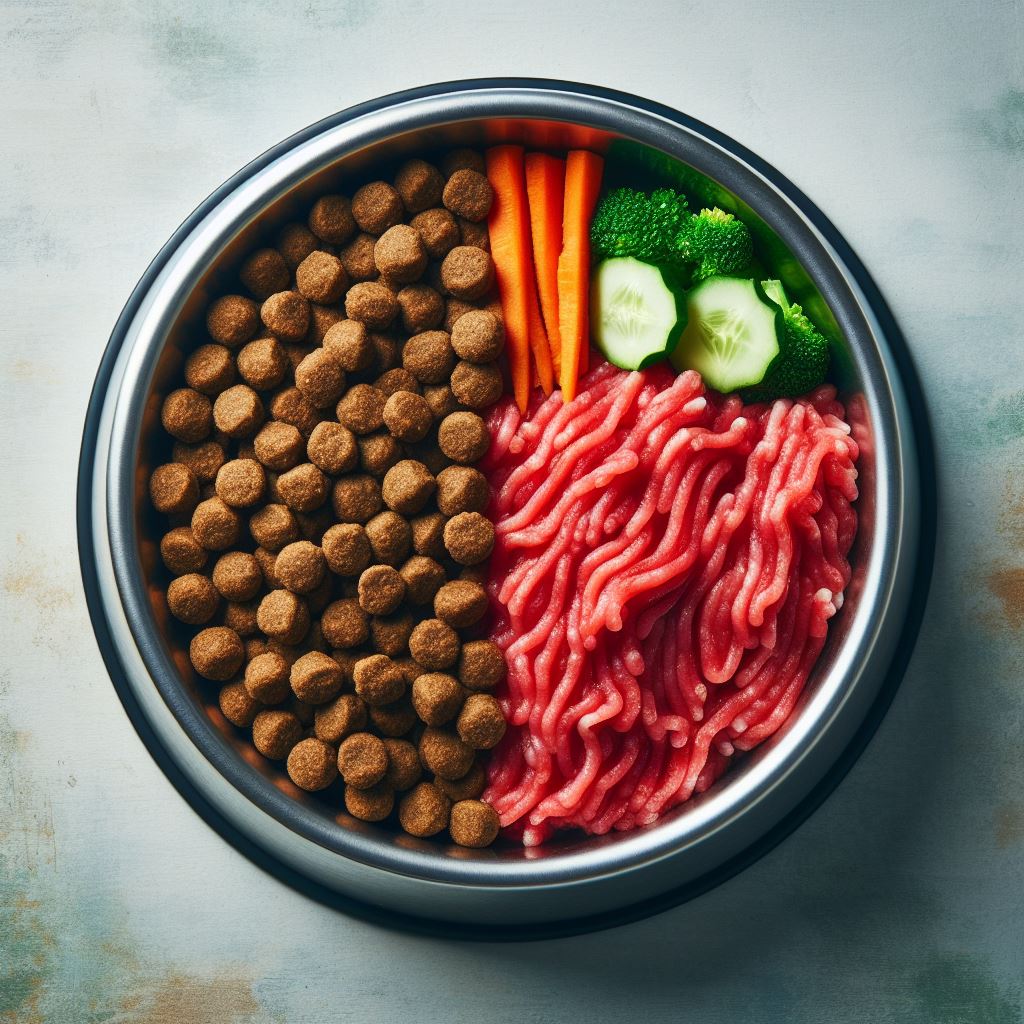 dog food bowl showing half kibble and half fresh meat and vegitables