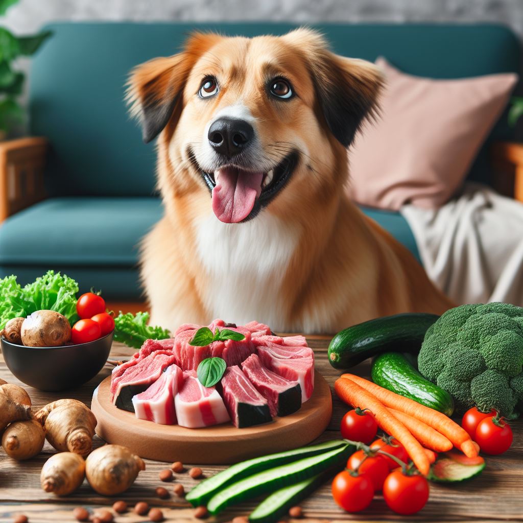 happy dog standing in front of fresh meat and vegetables.