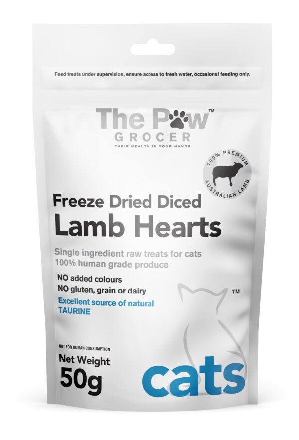 THE PAW GROCER FREEZE DRIED DICED LAMB HEARTS FOR CATS 50g, a crunchy delicious snack or meal topper for cats.